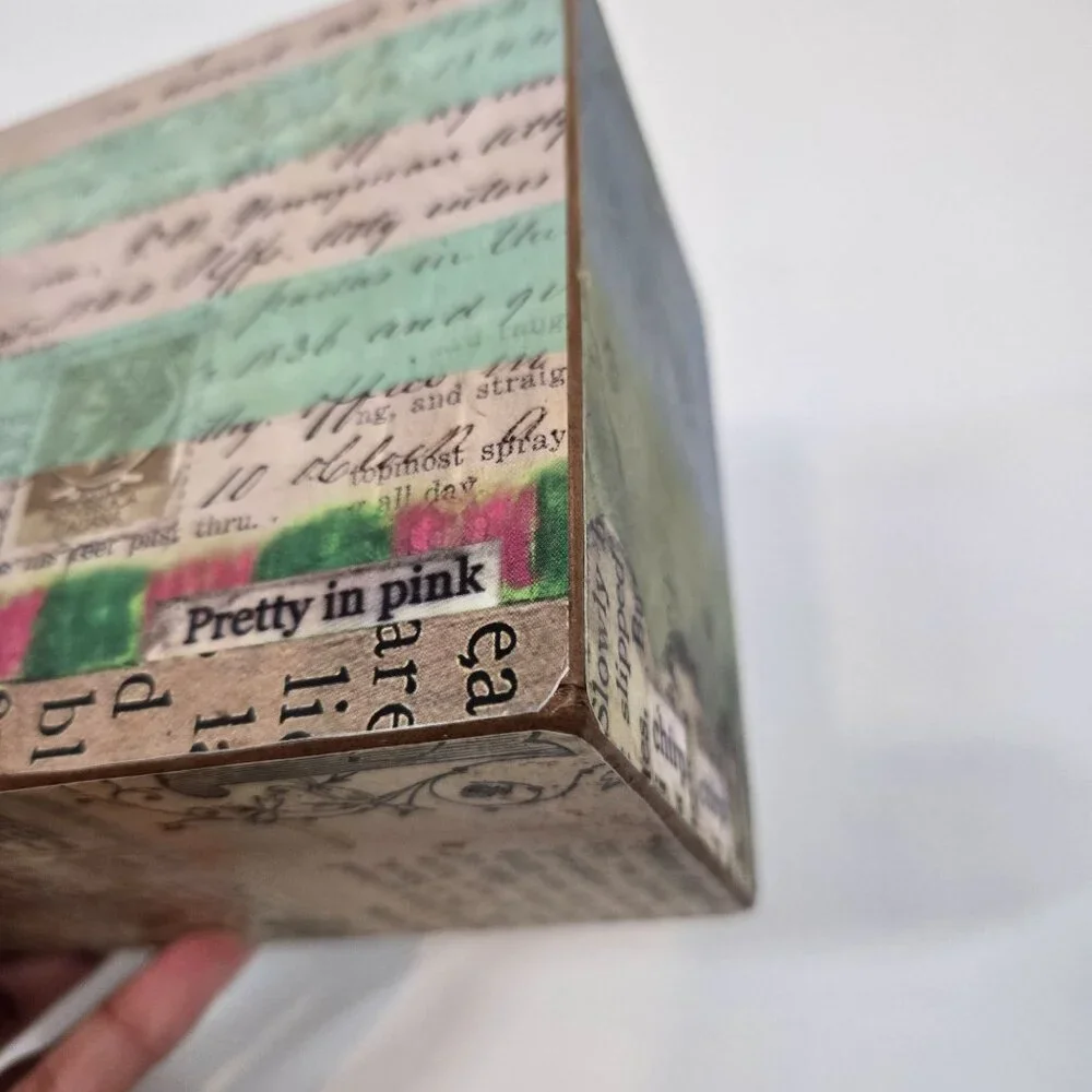 Lisa Kaus Whimsical Bird Print Mini Wooden Drawer Box Desk Storage Collage Words